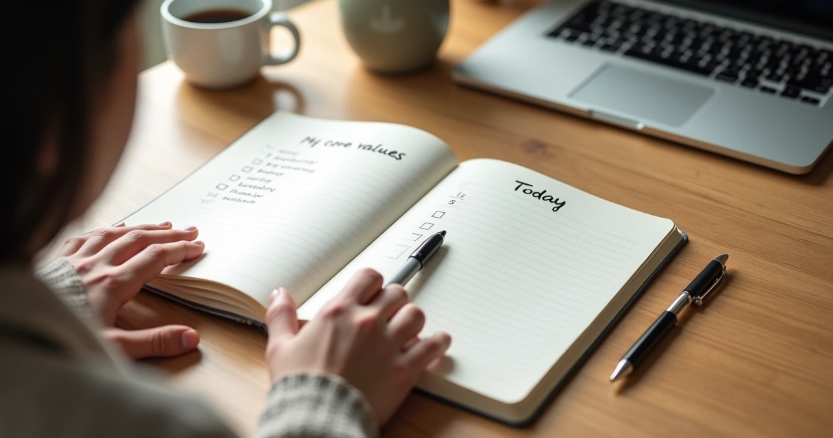 Person aligning written personal values with a daily to-do list at a wooden desk 