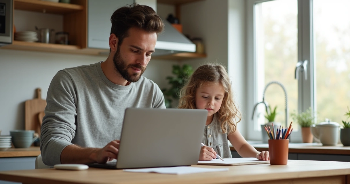 Man works at a kitchen table with a laptop, child drawing beside him 