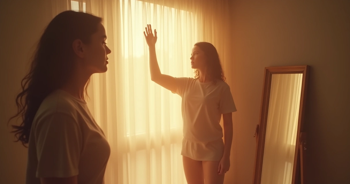 Person meeting their reflection with light in a mirror