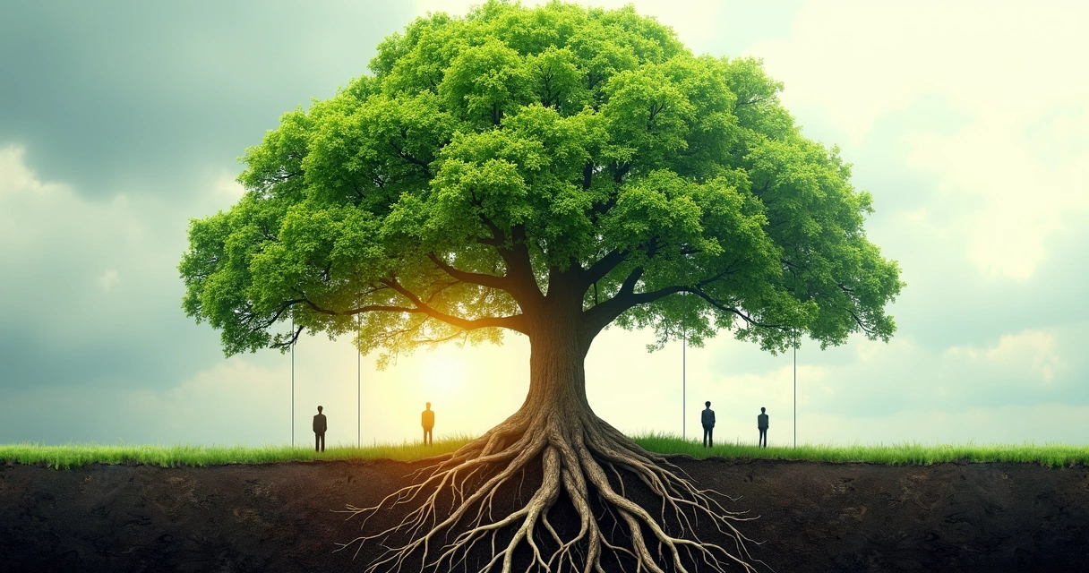 Tree with roots showing integration of mind, emotion, and action 