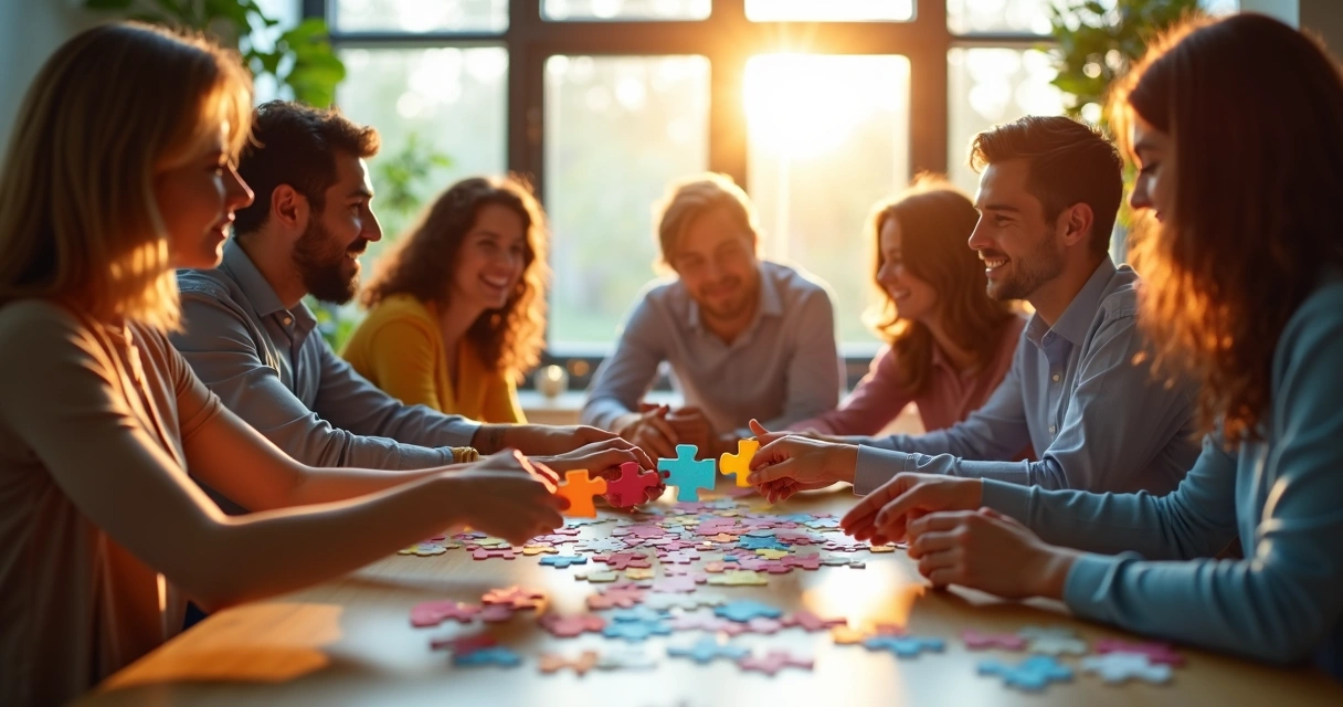 Team connecting puzzle pieces in a bright circle 
