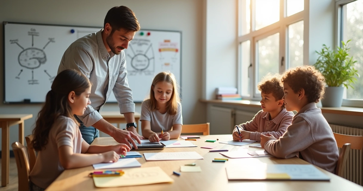 Teacher guiding diverse children collaborating around a table with symbolic mind and connection icons on a wall 