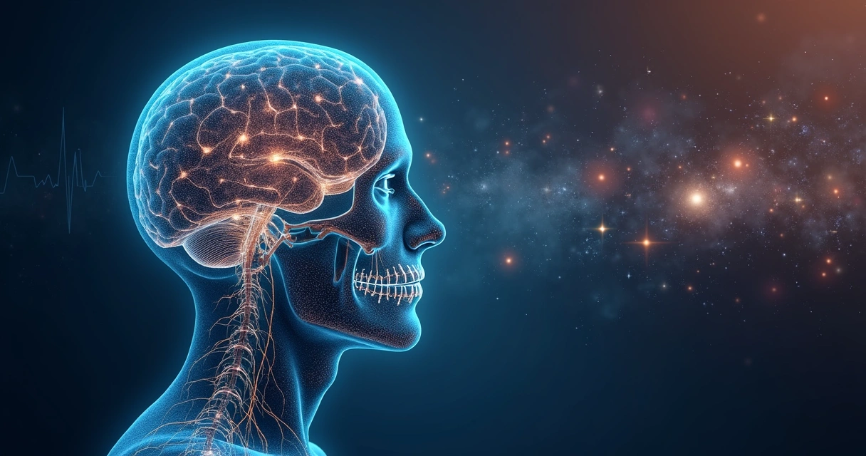 Human silhouette with illuminated brain blending into a cosmic neural landscape 