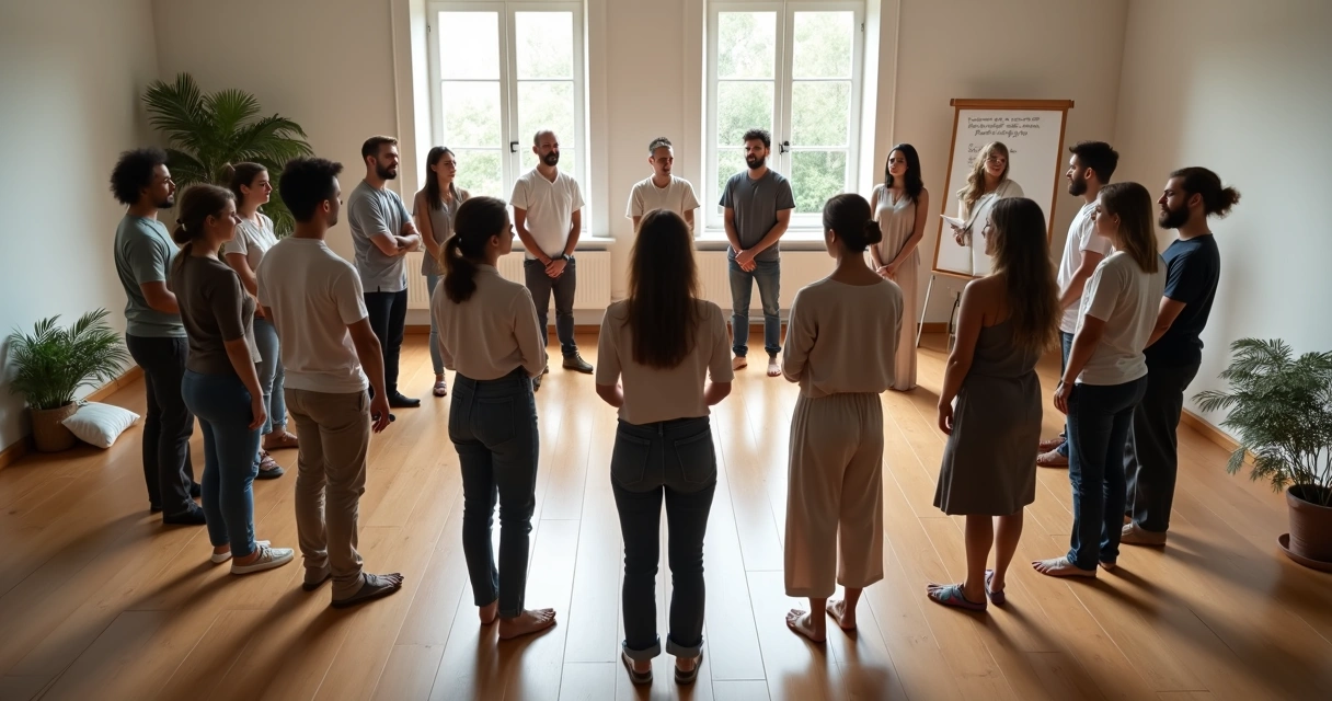 Circle of people standing in a room doing an integrative constellation exercise 