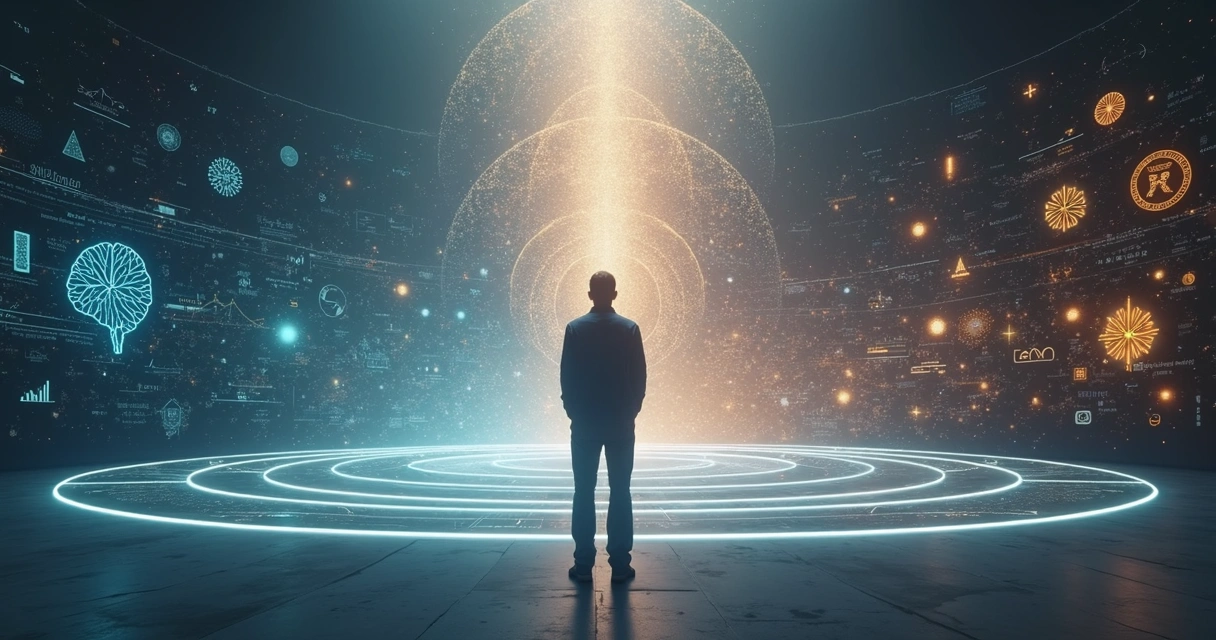 Person standing between scientific symbols and philosophical diagrams in a luminous labyrinth 