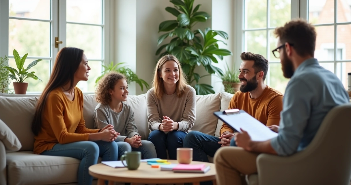 Family sitting in a circle with a therapist in a bright living room 