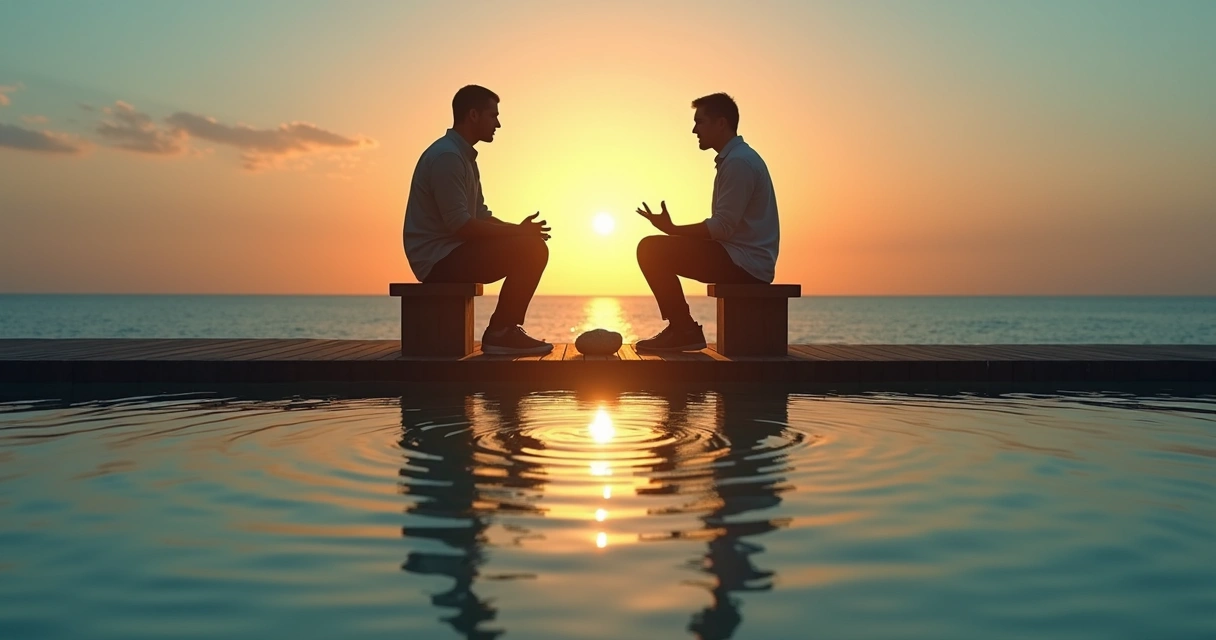 Two people talking on a pier at sunset with reflective water mirroring their silhouettes 