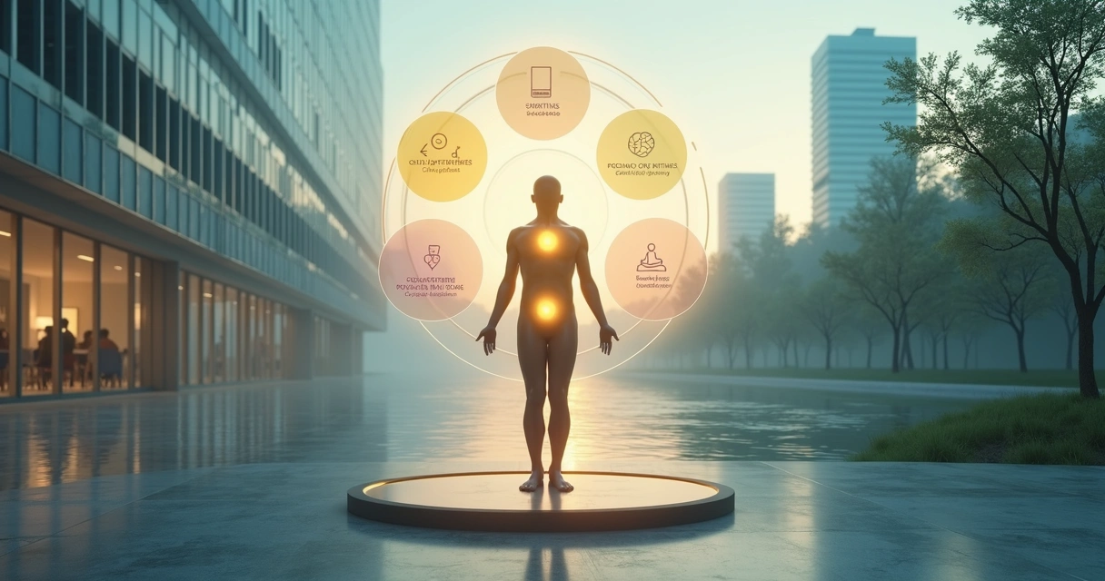 Human figure integrating mind heart and systems in a balanced city and nature scene 