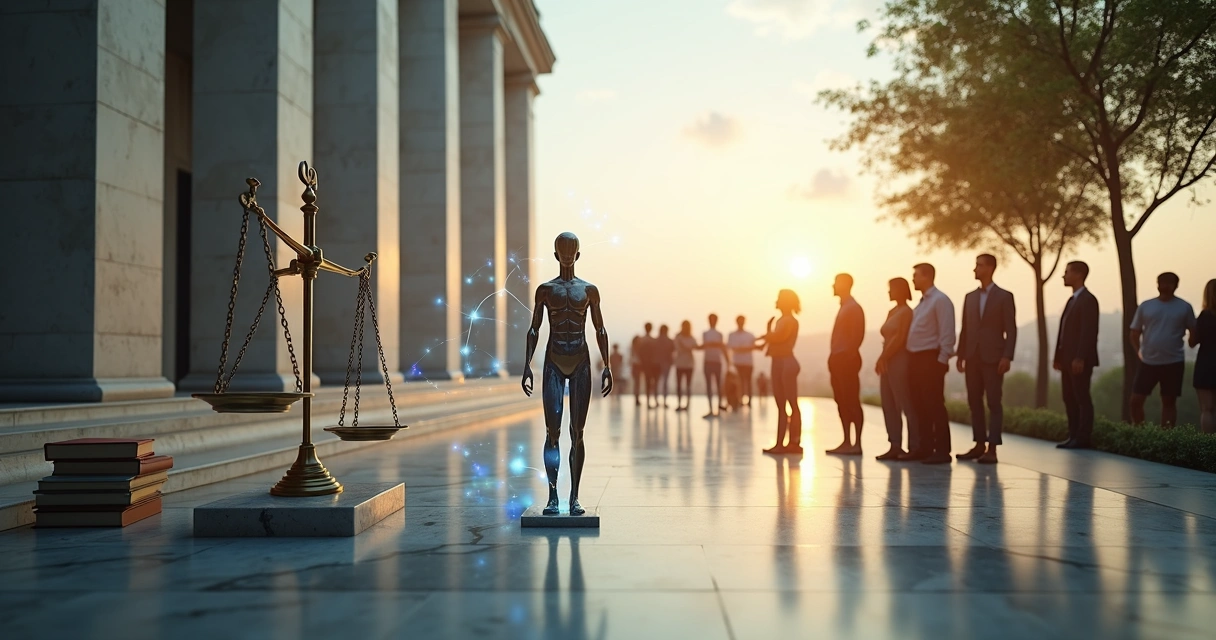 Human silhouette split between rigid scales of justice and a flowing interconnected web of people and nature 