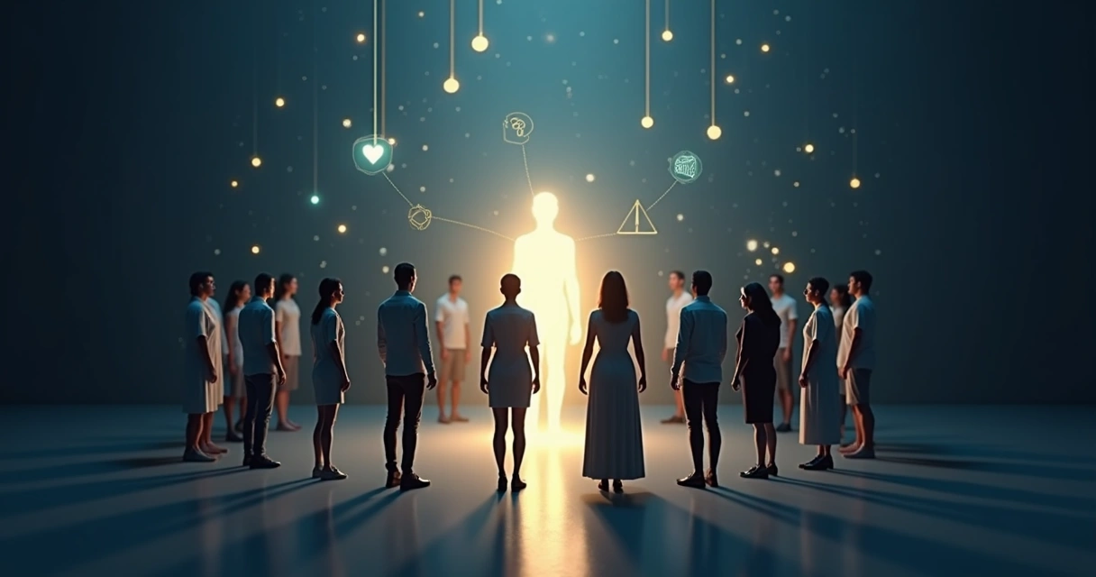 People connected by glowing lines around a human-shaped light at the center 