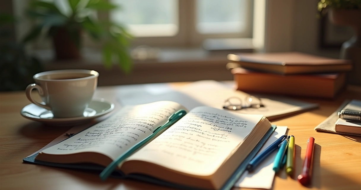 Open journal on a wooden desk with handwritten notes, pens, and a cup of tea 