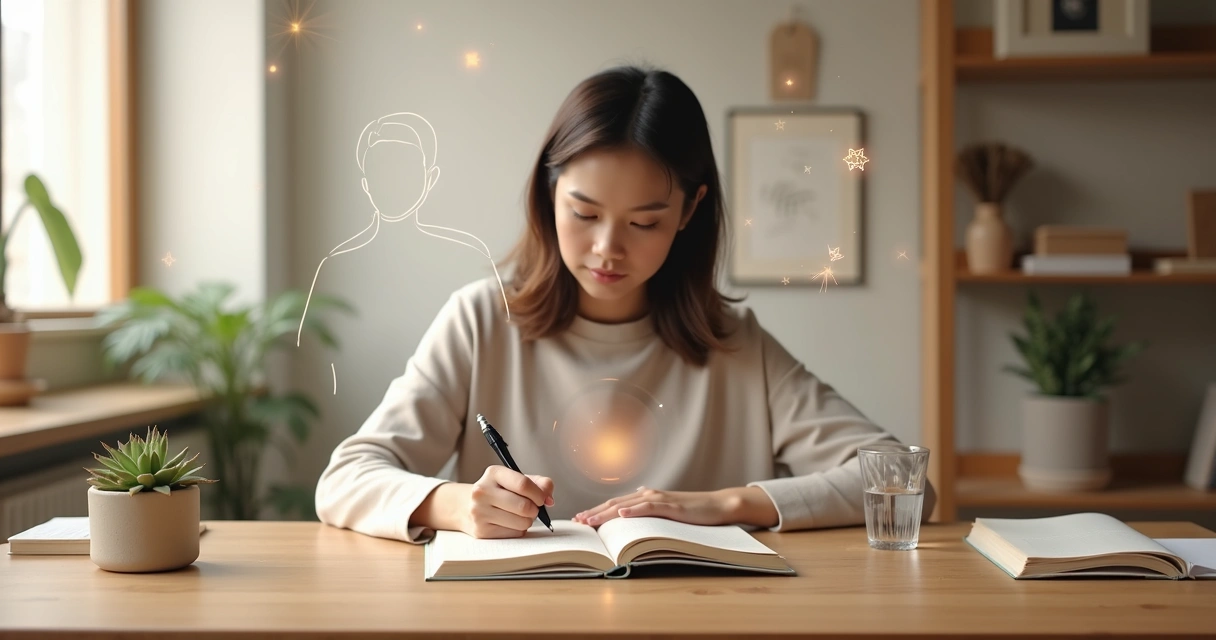 Person journaling at a desk with overlapping silhouettes representing mind emotion and body 