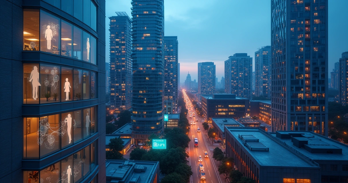 Cityscape with transparent overlapping human silhouettes and flowing connection lines 