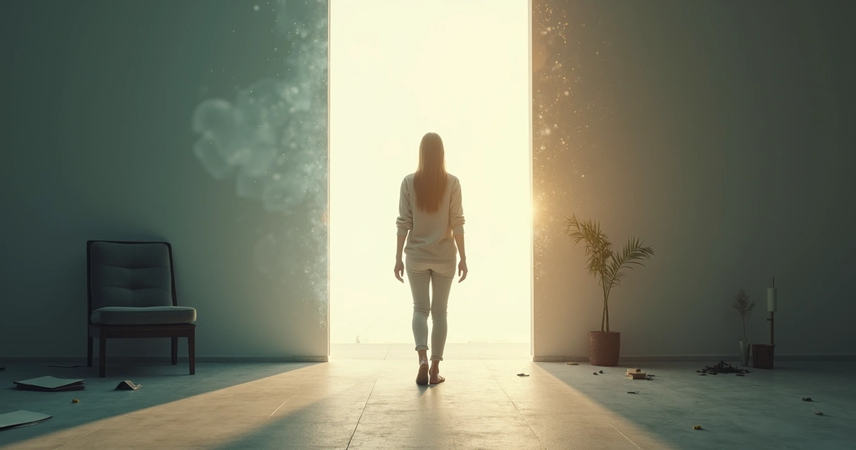 Person walking through glowing doorway blending shadowed past self and vibrant future self 