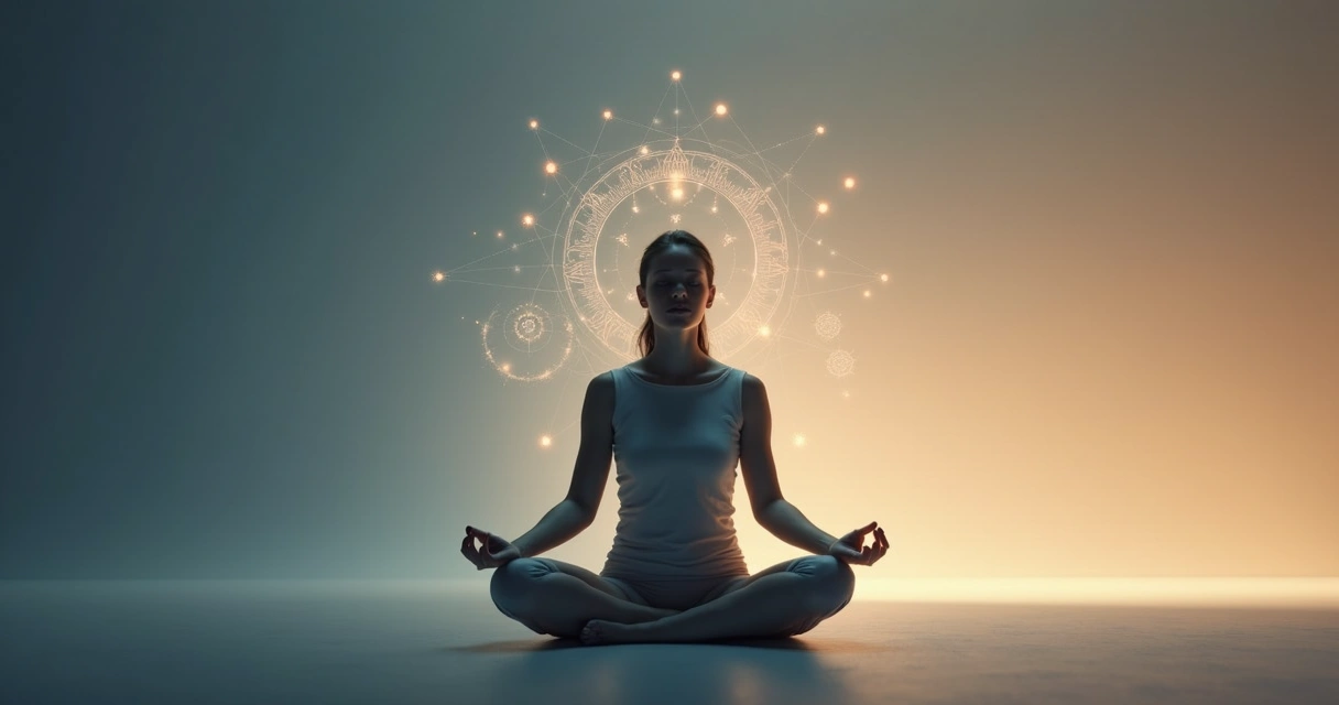 Person meditating with transparent overlapping silhouettes and interconnected light lines 