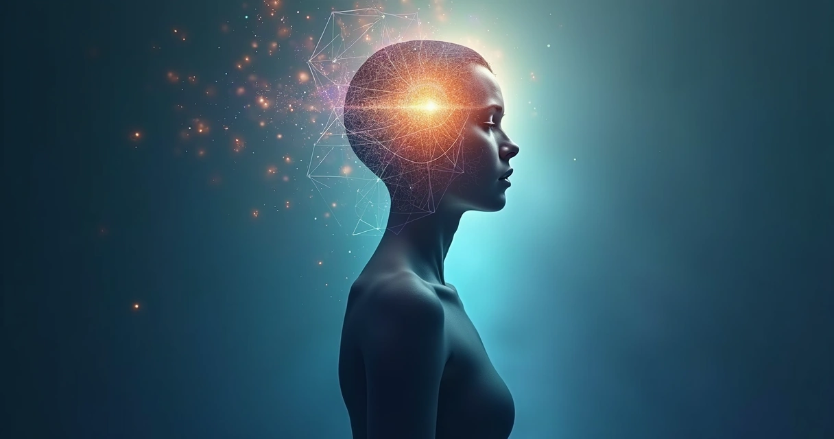 Human silhouette composed of overlapping transparent layers symbolizing integrative self-identity 