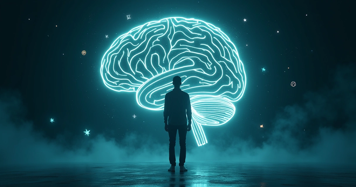 Person in front of a luminous maze-shaped brain 