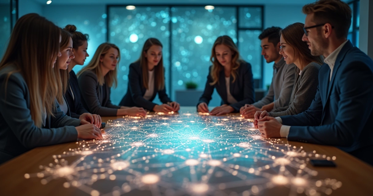 Diverse team around a glowing interconnected system map on a table 