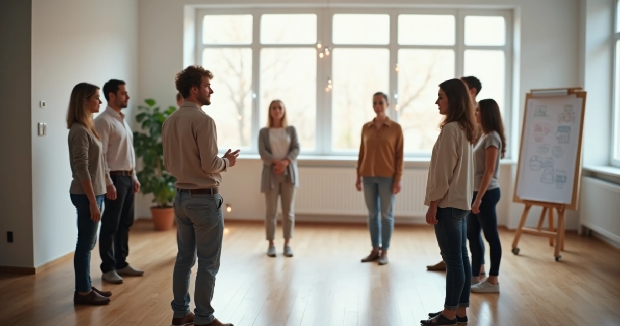 Facilitator guiding a systemic constellation circle with interconnected people and energy lines 