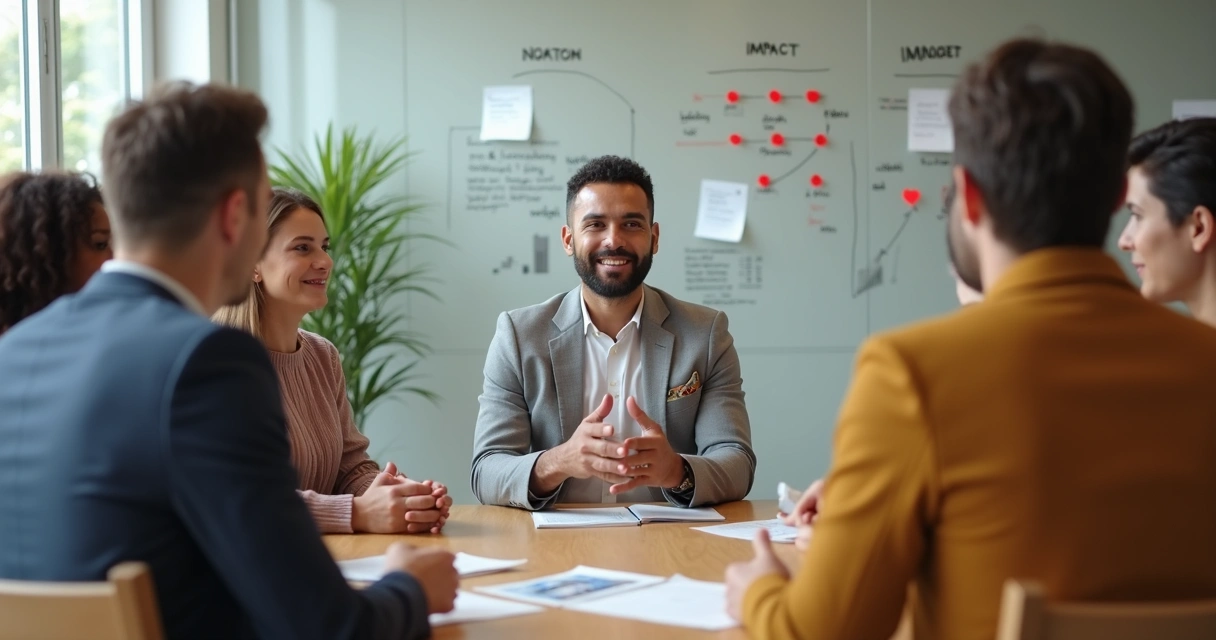 Diverse team in a circle meeting with leader facilitating open discussion 