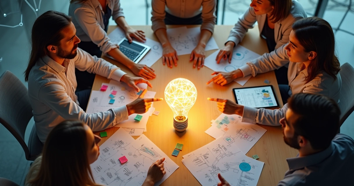 Diverse team collaborating around a glowing central lightbulb on a wooden table 