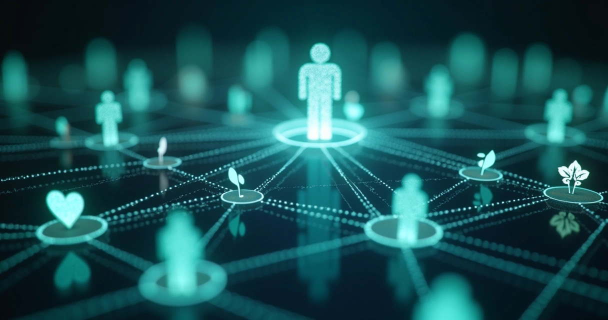 Network of interconnected dots and icons representing human value, relationships, ethics, and growth