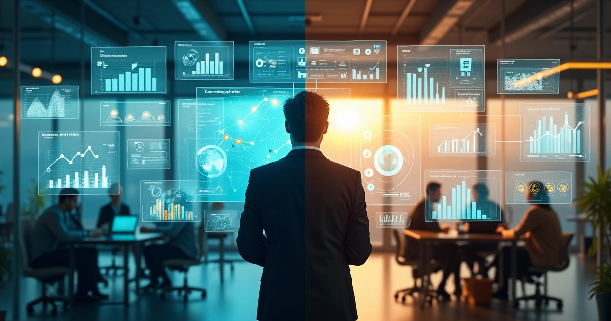 Business leader comparing financial metrics to holistic value on a split screen 