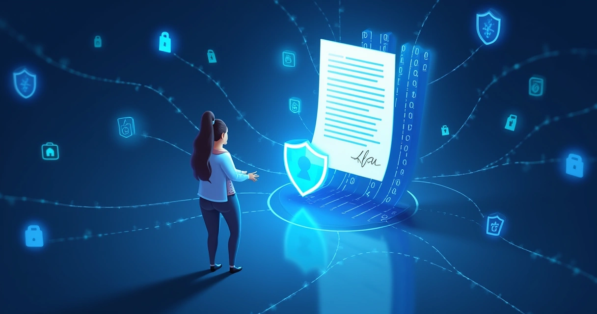 Documento digital com assinatura, cercado por símbolos de proteção e um fundo de código binário.