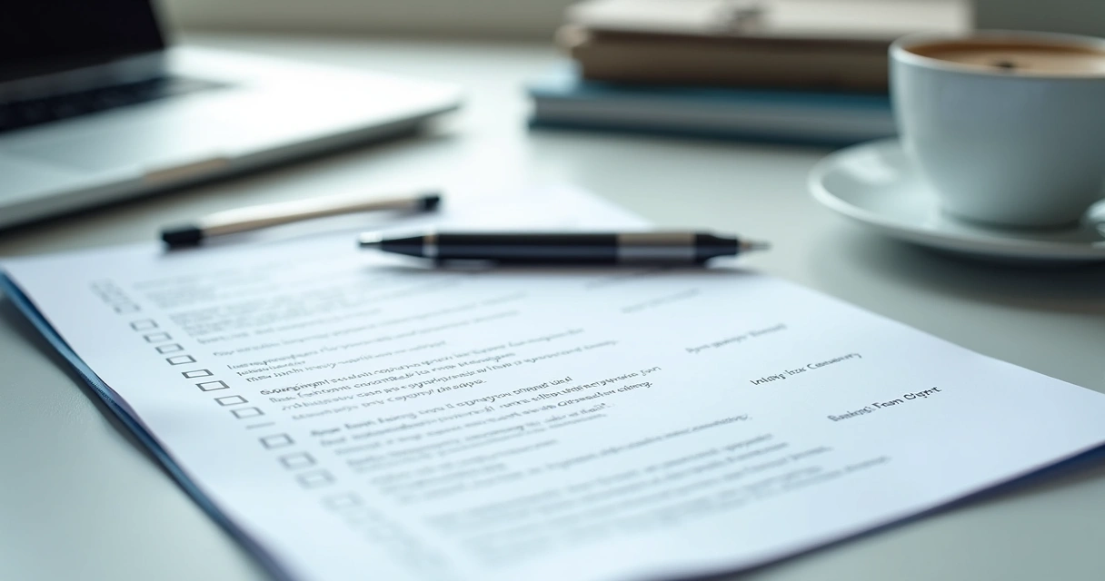 Checklist and pen beside a laptop on a desk