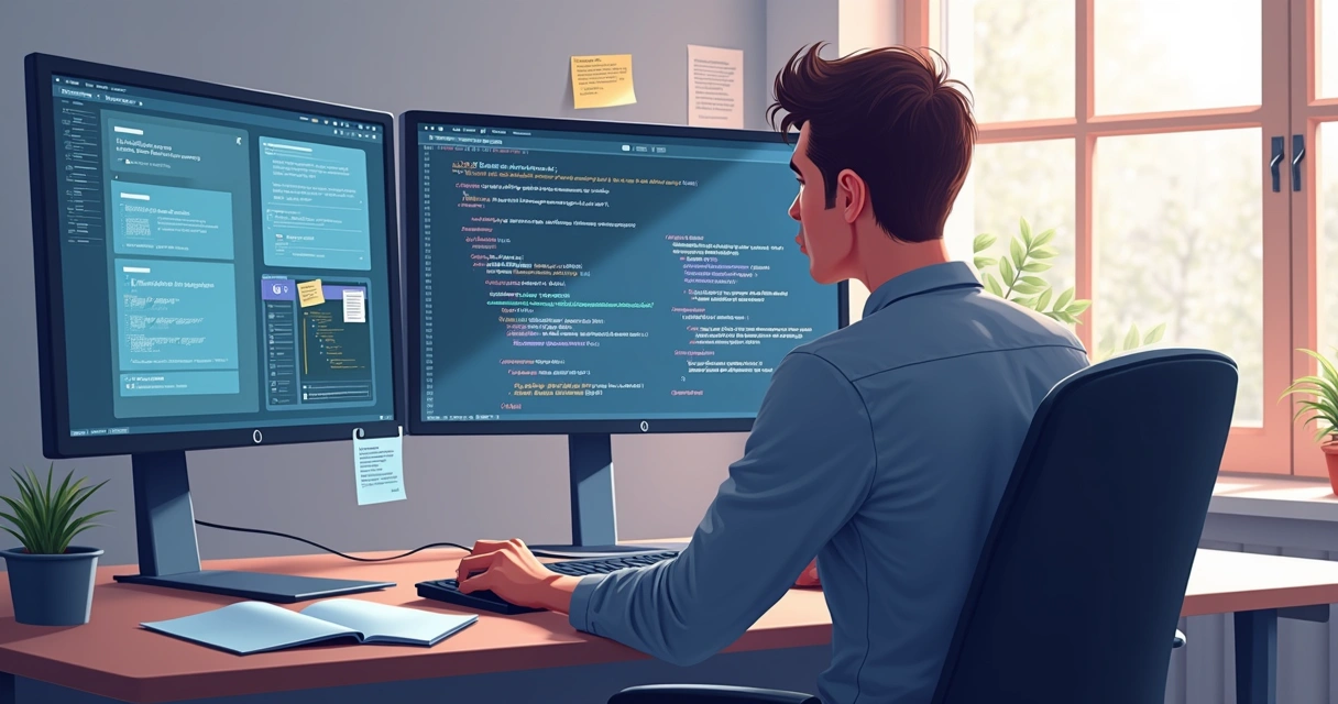 Desenvolvedor conferindo código de integração Shopify e diagramas de fluxo de pagamento
