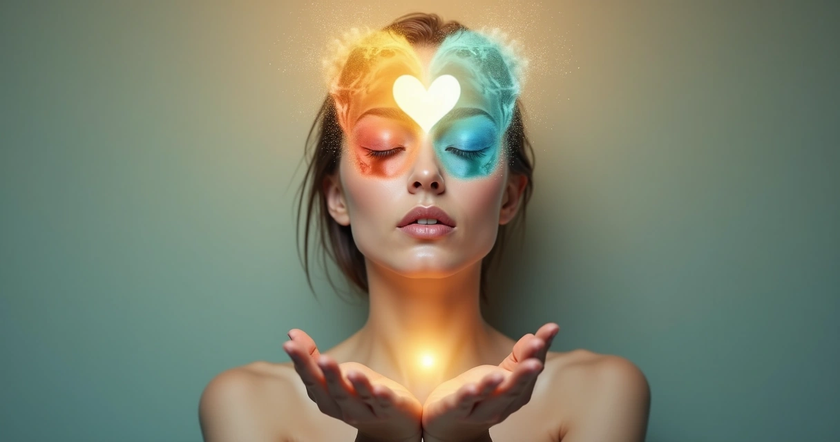 Persona de ojos cerrados sosteniendo dos siluetas opuestas iluminadas dentro de la cabeza 