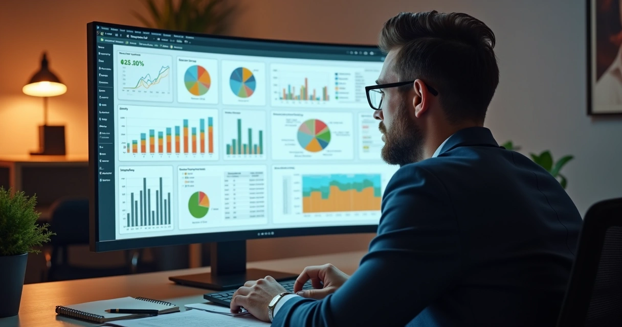 Profissional observando gráficos de seguro em tela digital de análise