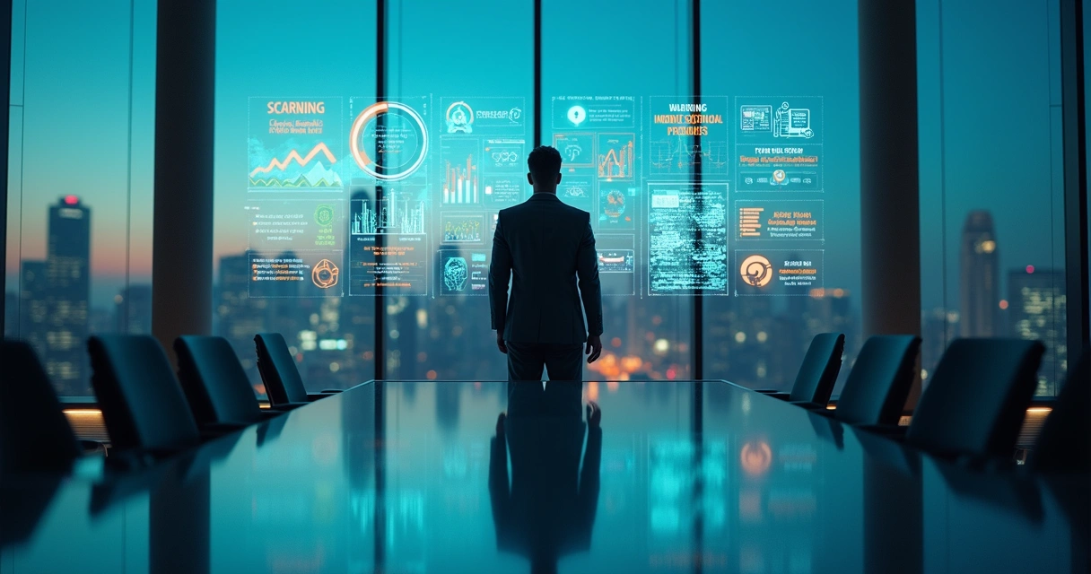 Executivo observa painel digital de inteligência artificial com gráficos de resultados em 2025 