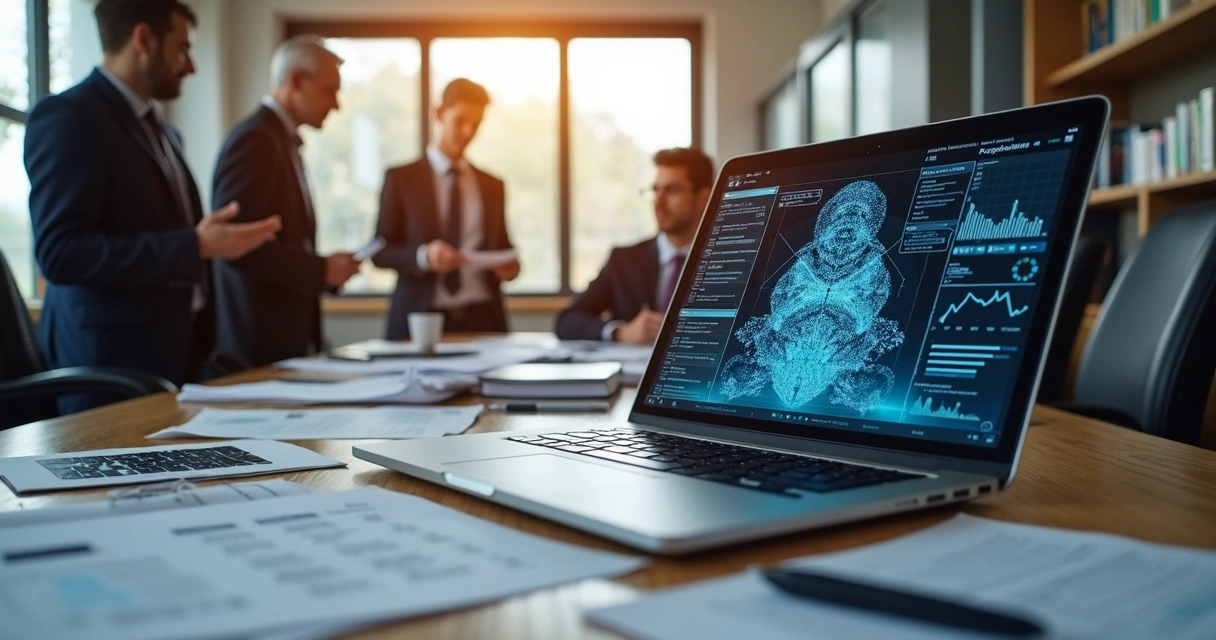 Mesa de trabalho jurídica com laptop mostrando análise de contratos em IA, papéis jurídicos, gráficos digitais e equipe revisando documentos 