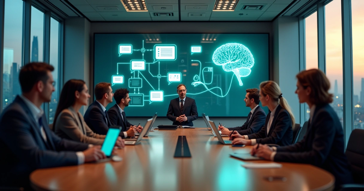 Sala de reunião de advocacia com tela exibindo fluxos de atendimento automatizado por IA 