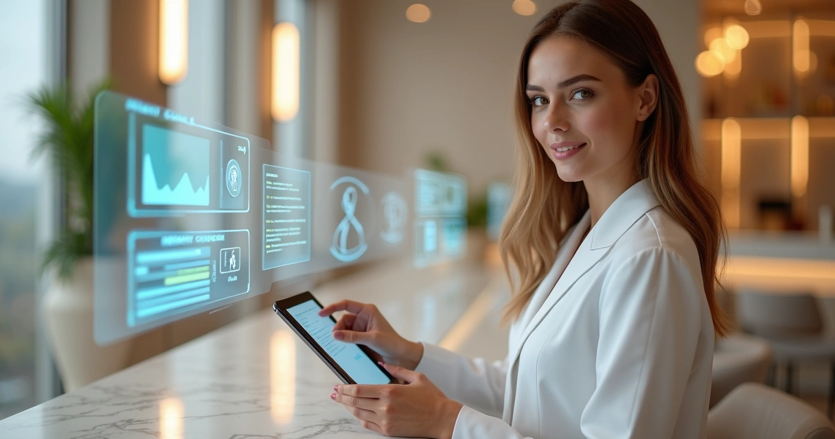 Profissional de beleza usando tablet com interface digital de agendamento automatizado e gráficos de crescimento ao fundo