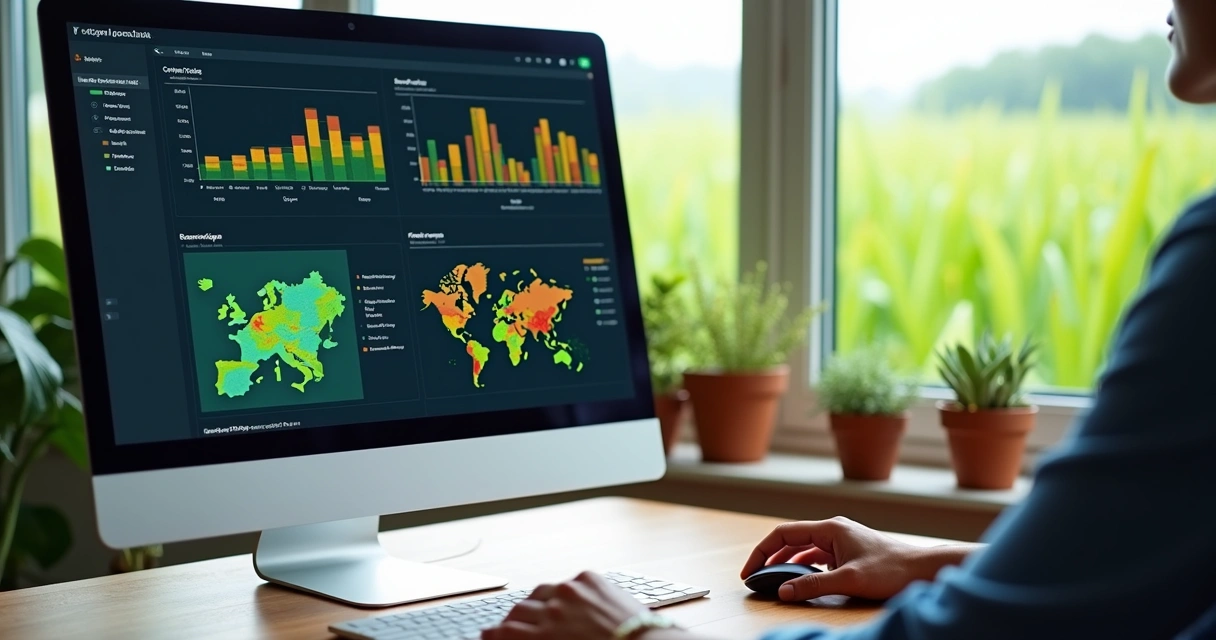 Tela de computador com gráficos de agricultura e inteligência artificial 