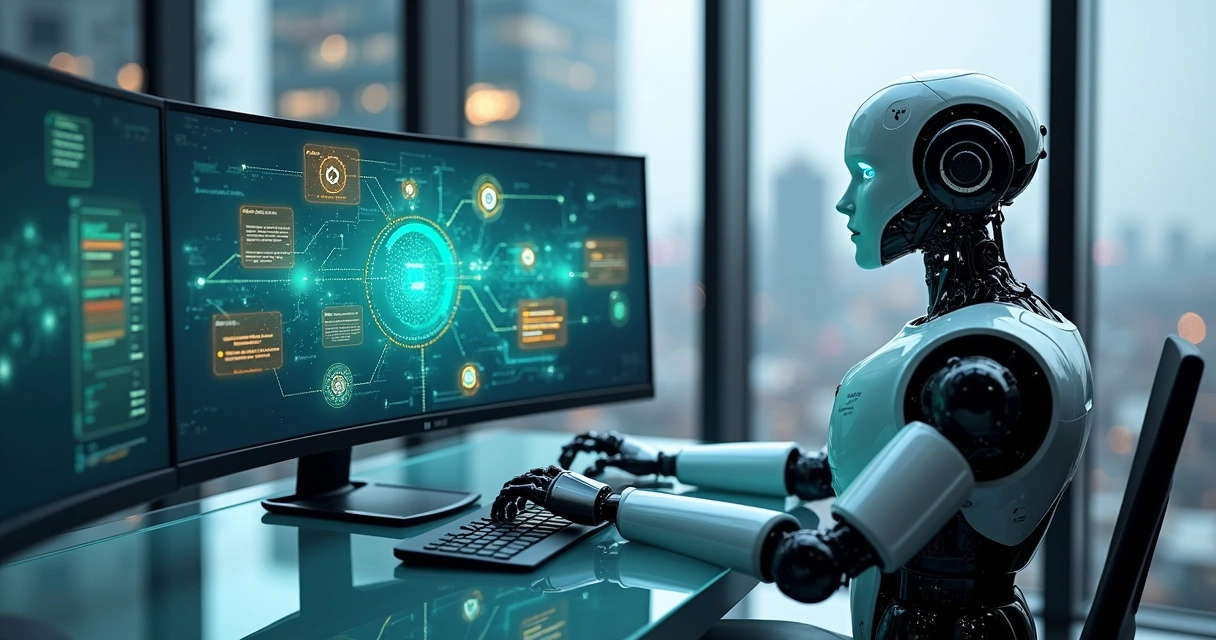 Robô inteligente ajustando fluxo de chatbot em tela de computador