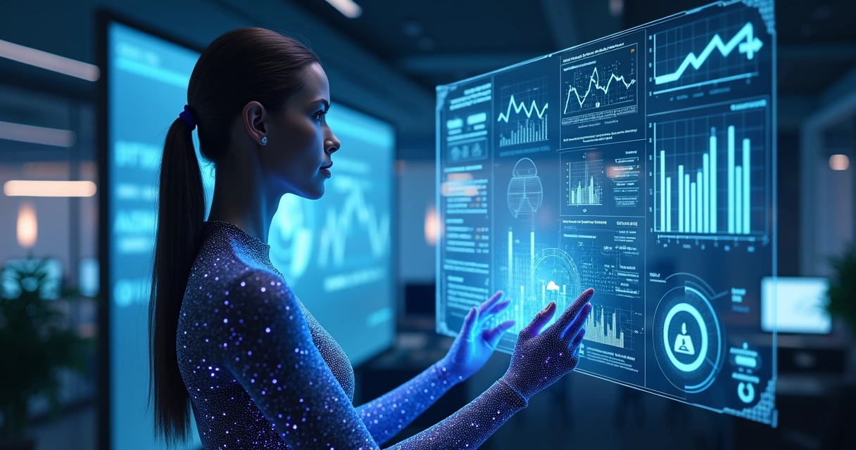 Assistente de IA analisando dados de leads em múltiplas telas digitais de alta tecnologia 