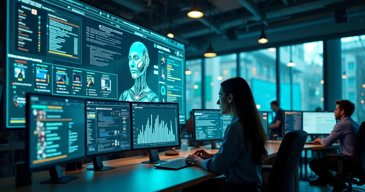 Ambiente de trabalho digital com gráficos, avatar de IA e fluxo de leads sendo avaliados em tempo real. 