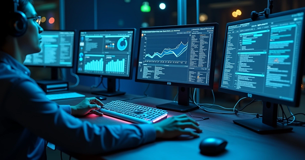 Representação de inteligência artificial analisando textos digitais em monitores 