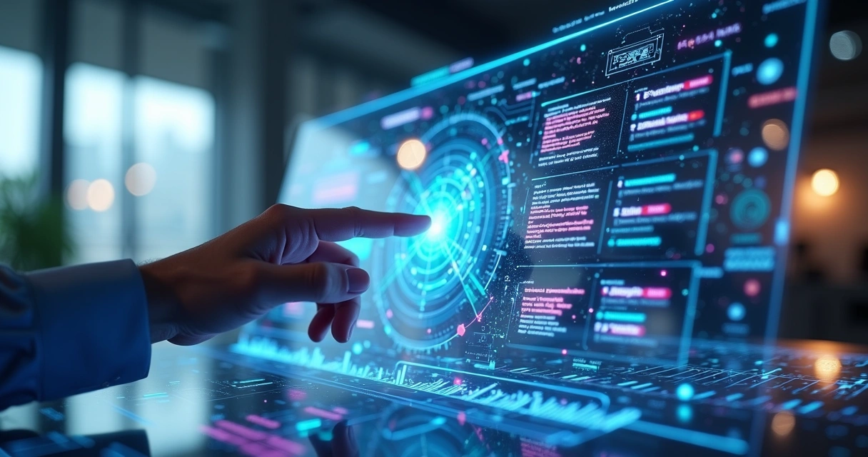 Assistente digital em monitor futurista analisando dados contextuais em tempo real 