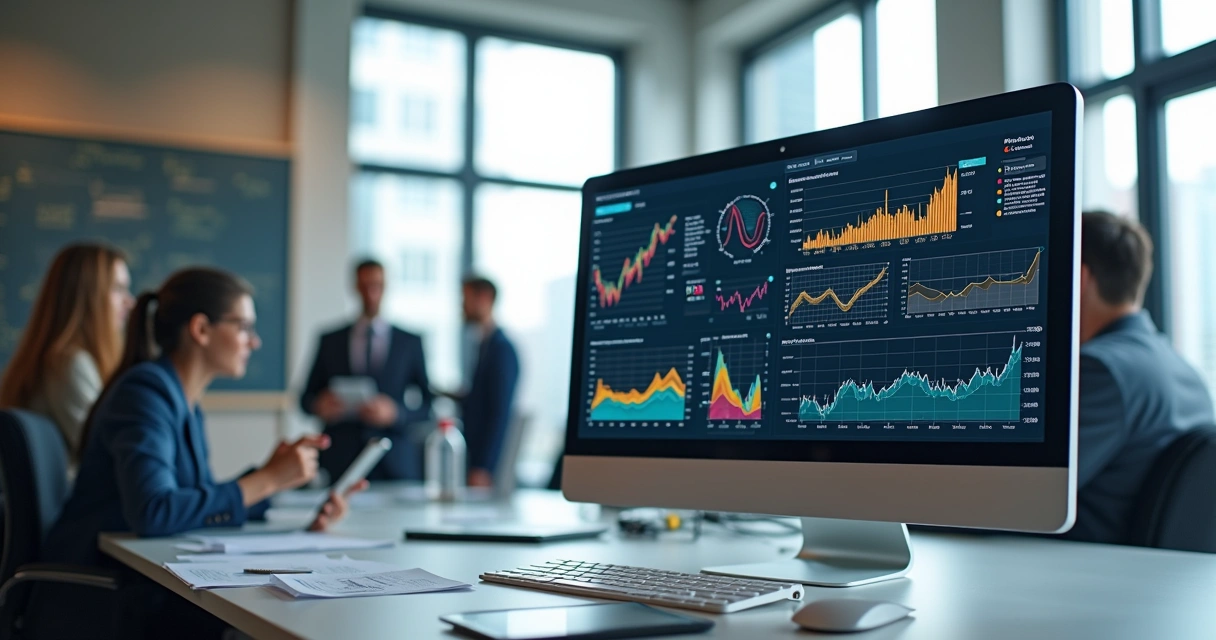 Computador com tela exibindo análise de dados complexos para due diligence em ambiente corporativo moderno