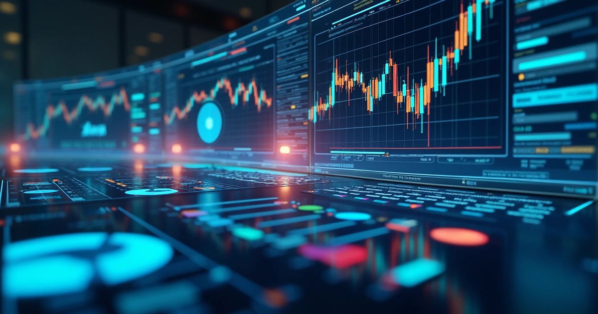 Interface de IA analisando gráficos financeiros e organizando dados em tela grande 