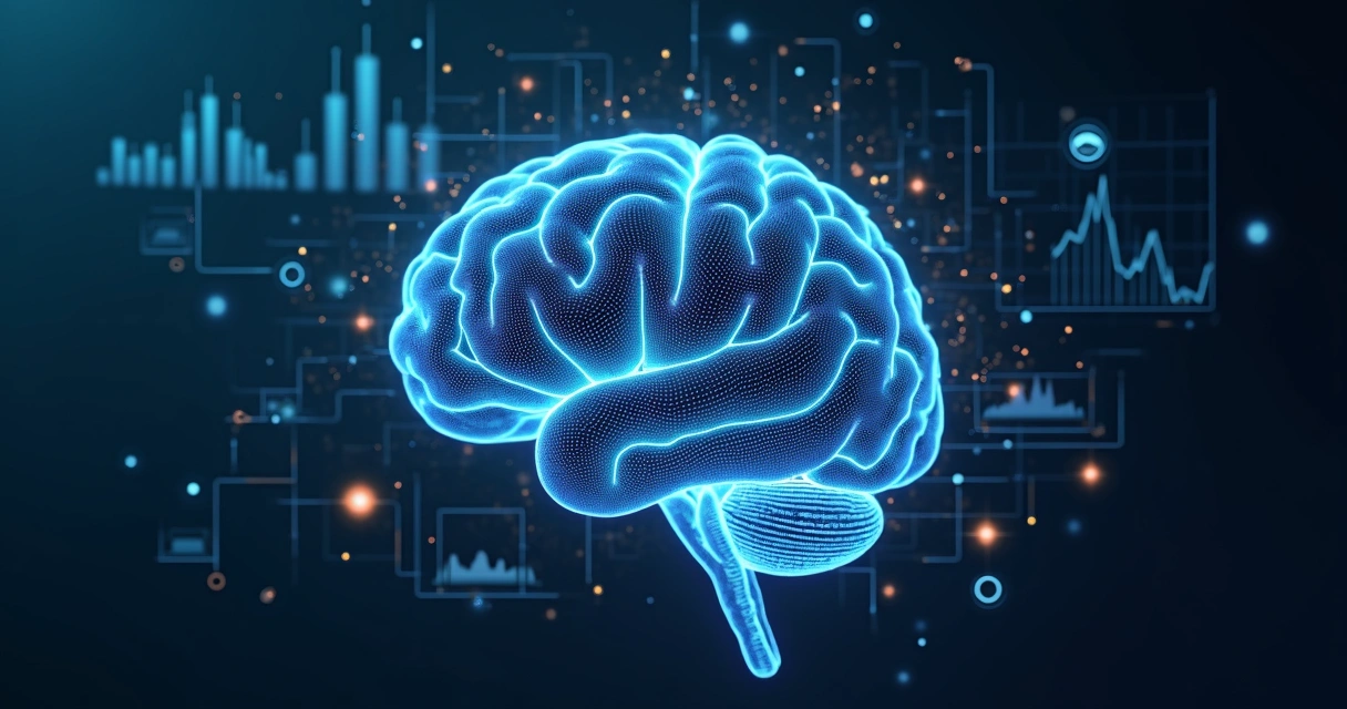 Cérebro digital formado por linhas, com dados e gráficos ao redor 