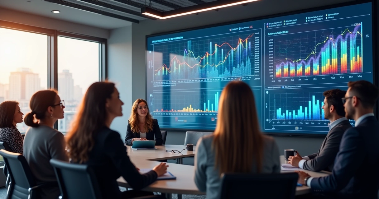 Equipe acompanhando análises comportamentais geradas por IA em uma sala de reunião 