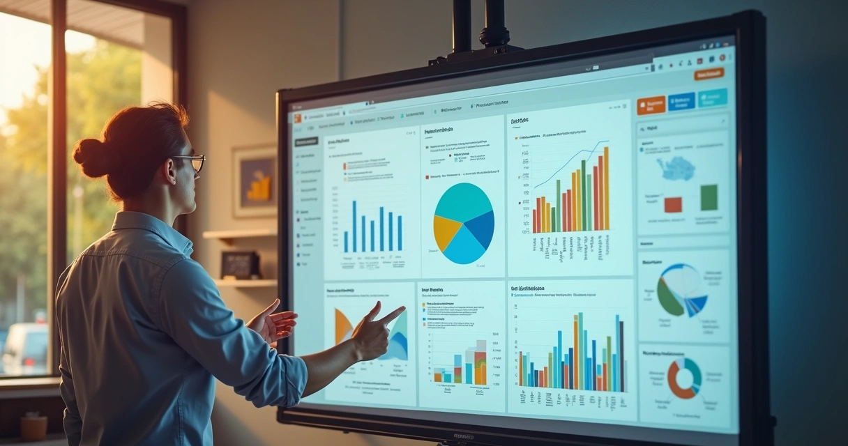 Robô analisando painel de loja virtual com gráficos de vendas