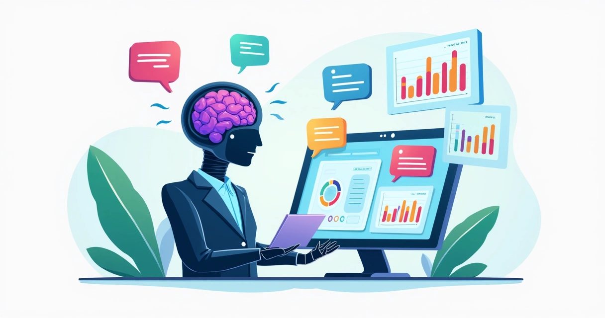 Ilustração corporativa de inteligência artificial analisando feedbacks em dashboards digitais coloridos 