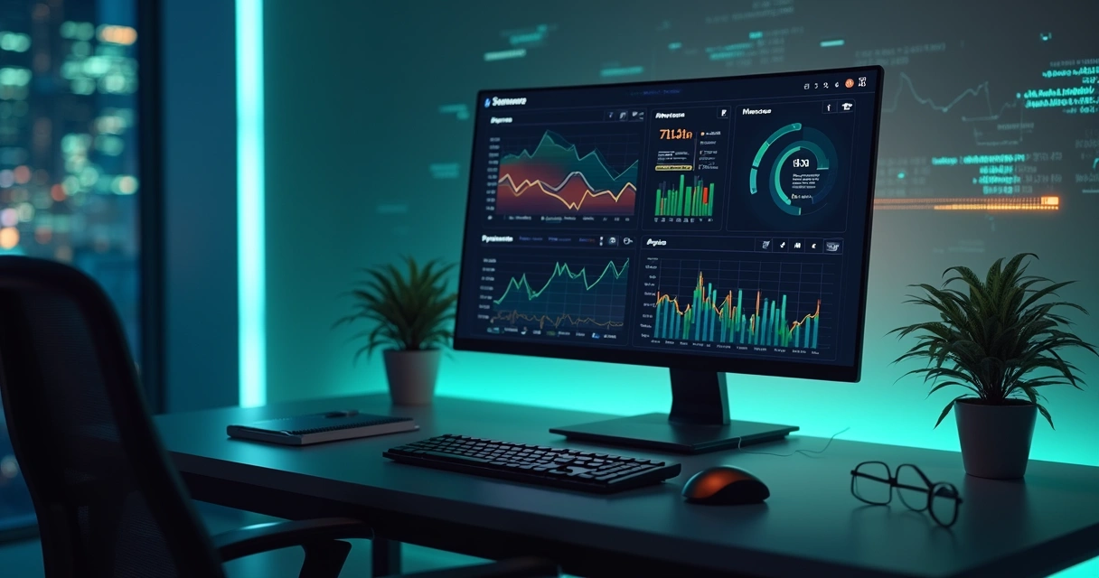 Computador mostrando gráficos financeiros e alerta de gastos futuros com interface de inteligência artificial 