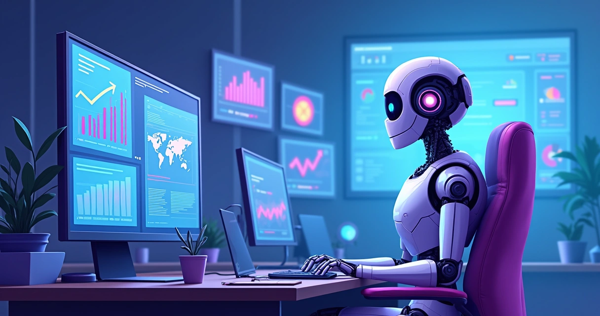 Robô analisando dados e gráficos de anúncios online em tela digital 